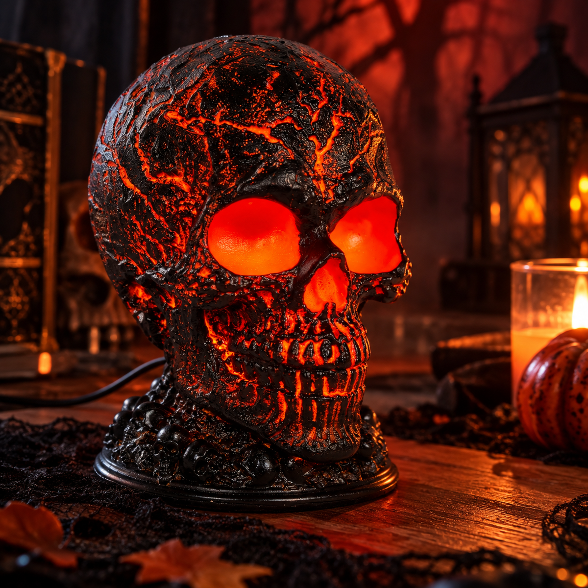 A Halloween skull lamp with glowing orange eyes and a cracked black-and-orange lava-like surface, displayed on a wooden table with candles, lace, and autumn leaves in a dimly lit spooky setting.