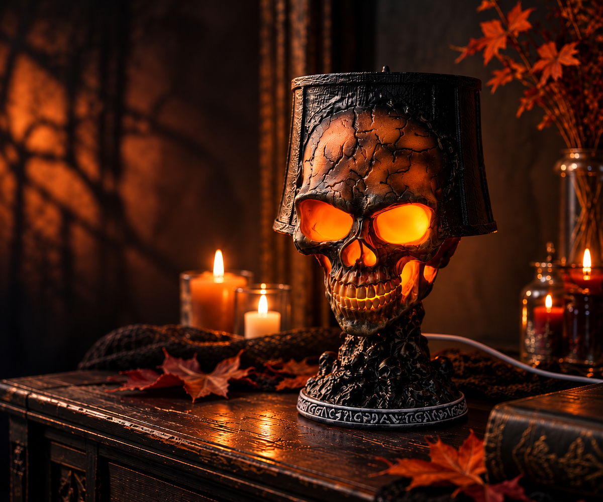 A Halloween-themed skull lamp with glowing orange eyes and a dark textured shade, displayed on a wooden table with candles, autumn leaves, and a dark background.