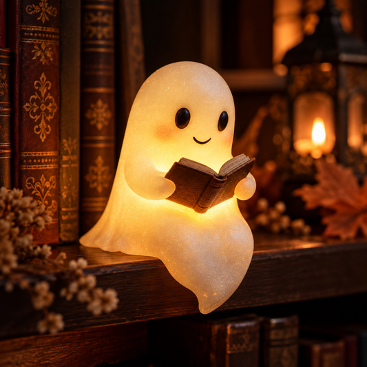 A cute ghost-shaped night light glowing with warm light, sitting on a wooden shelf and reading a small book, surrounded by vintage books and a lantern in a cozy setting.
