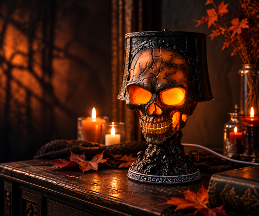 A Halloween-themed skull lamp with glowing orange eyes and a dark textured shade, displayed on a wooden table with candles, autumn leaves, and a dark background.